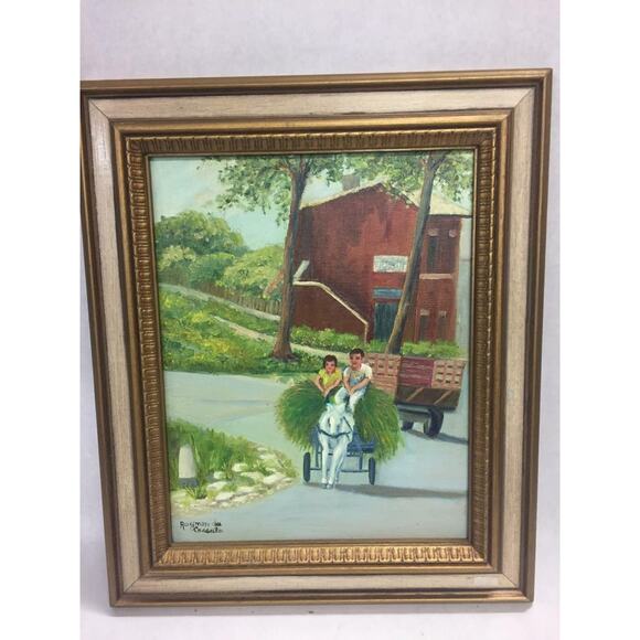 Oil Painting on Canvas of Boy and Girl on Horse Farm Landscape RAYMON DA CASSATA